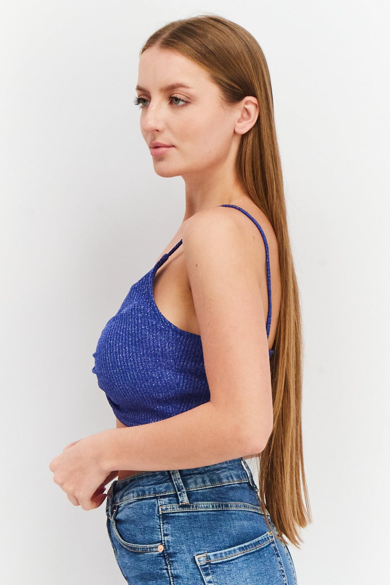 Sinsay Women V-Neck Key Hole Detail Sleeveless Metallic Top, Blue/Silver Combo - Image 4